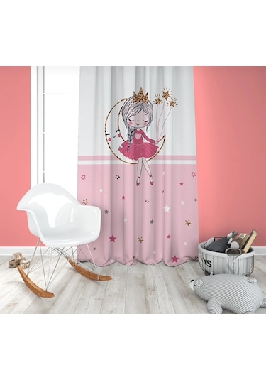 Pembe Şeritli Ayda Oturan Kız Tek Kanat Çocuk Oda Fon Perde