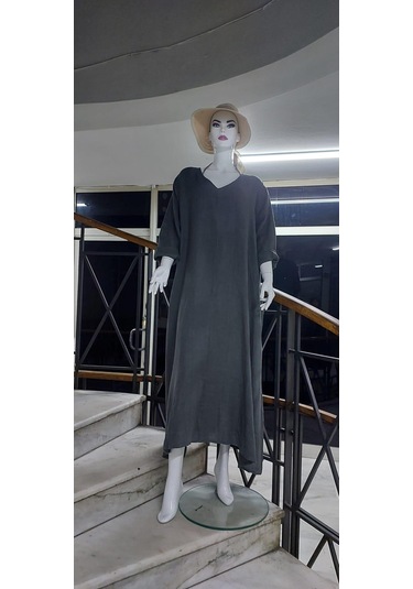 İtalyan V Yaka Uzun Kol Keten Elbise-8907 Gri