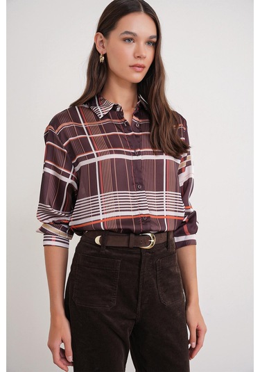 4751 Kadın Ekose İnce Saten Gömlek Kahve Kahve