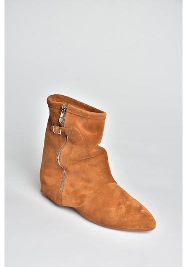 Fox Shoes V380614202 Taba Hakiki Deri Süet Fermuar Detaylı Günlük Kadın Bot Taba