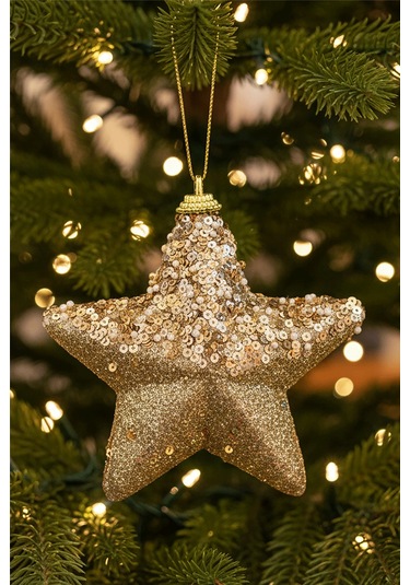 Simli Ve Pul Detaylı Altın Yıldız Yılbaşı Ağaç Süsü