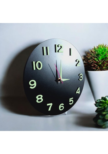Çocuk Odası Fosforlu 3d Kabartma Rakam Ahşap Mini Duvar Saati Siyah