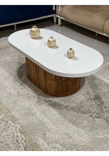 Oval Model 120x60 Cm Kahverengi Ayak Kalın Kenarlı Orta Sehpa Ahşap Ayaklı Kahverengi