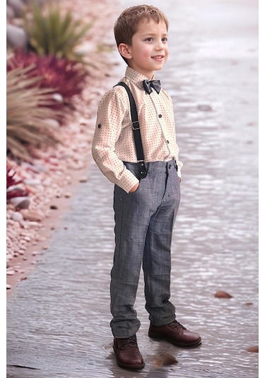 Riccotarz Erkek Bebek Desenli Gömlek, Papyon Ve Askılı Mavi Pantolon Alt Üst Takım Mavi