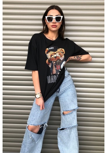 Modagen Kadın Happier Oversize Baskılı Siyah T-shirt Hp Siyah