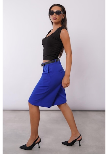 Madmext Saks Pileli Kadın Bermuda Şort Mg2483 Saks