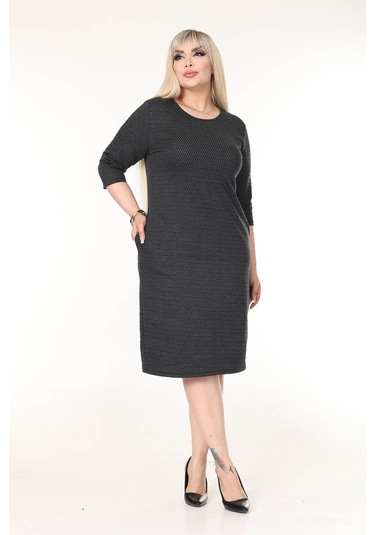 Çift Cepli Kışlık Büyük Beden Esnek Elbise 9d-2631 Siyah