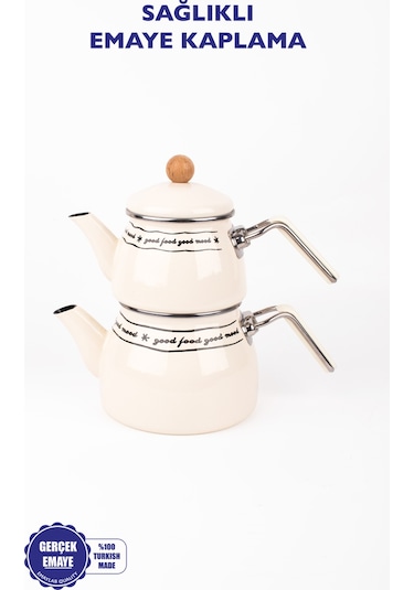 Mood Emaye Çaydanlık Takımı Ahşap Tepeli Krem