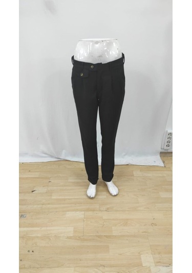 Erkek Belden Düğmeli Cepli Dokuma Pantolon Siyah