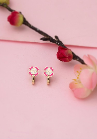 Bilezikci Pembe Yoncalı Çocuk Küpesi 14 Ayar Altın Sarı Altın