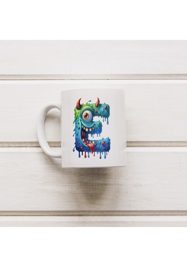 E Harfi Bardak, Sevimli Canavarlar Harflı Bardak Hediyesi Porselen Beyaz