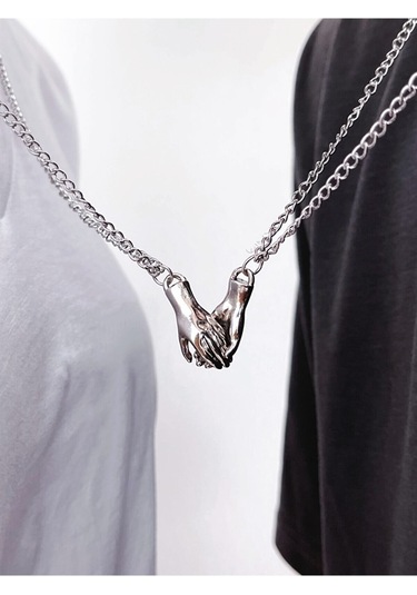 Gümüş Renk Mıknatıslı El Ele Çift Kolyesi 2231 Gümüş