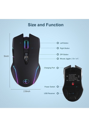 Prestigegoods 2.4g Kablosuz Jiggler Mouse, 7 Tuşlu, Işık Efekti, Windows/mac Os/linux Uyumluluğu, Taşınabilir, 10m Mesafe, 800/1200/1600 Dpı Diğer