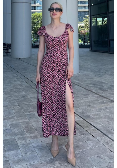 Madmext Siyah Desenli Yırtmaçlı Uzun Elbise Mg2004-siyah Siyah