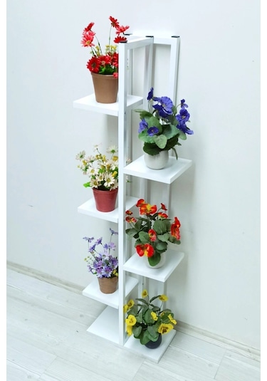 Beyaz Metal Gövdeli Ahşap Saksılık 6 Raflı Çiçeklik