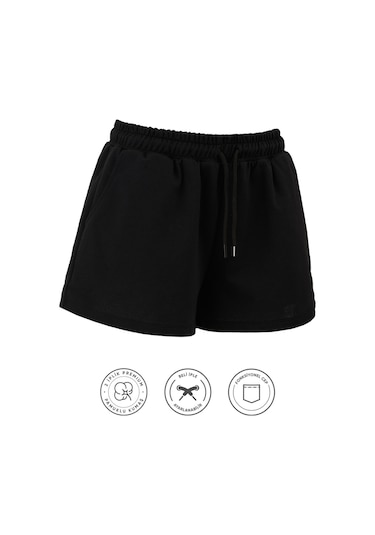 Elemge Kadın Pamuklu Siyah Beli Ipli Şort Günlük Basic Regular Fit Cepli Normal Bel Rahat Kesim 2 Iplik