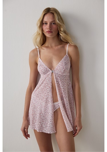 Penti Pembe Printed Lace Front Opening Üst