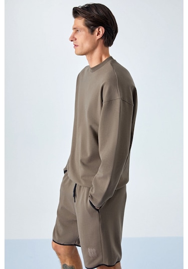 GRIMELANGE Plemon Erkek Bisiklet Yaka Uzun Kol Baskı Detaylı Oversize Koyu Kahverengi Sweatshirt Koyu Kahverengi