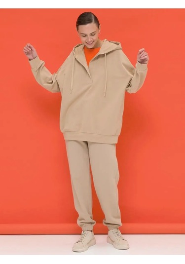 Pelican Kadın Kapüşonlu Oversize Tek Renk Sweatshirt Hoodi 147105677 Kum Rengi