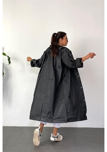 Unisex Kadın Ve Erkek Yağmurluk %100 Eva Çıtçıtlı Kapüşonlu Siyah