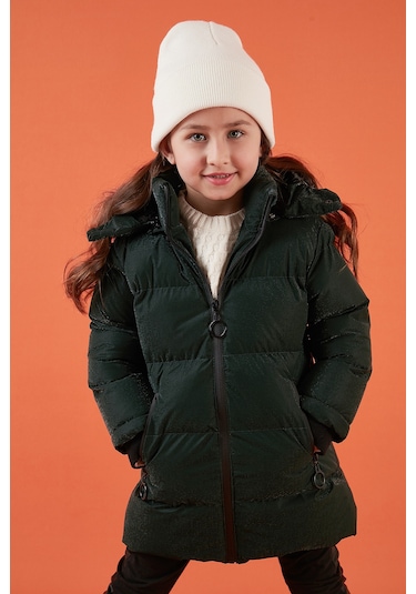 Lela Yakası Suni Kürklü Peluş Astarlı Çıkarılabilir Kapüşonlu Dar Kesim Kışlık Kız Çocuk Mont 5760002 Haki