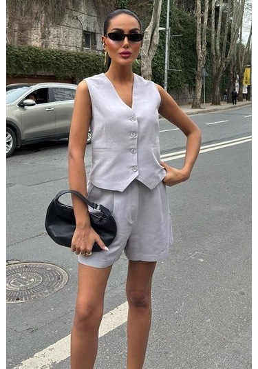 Yelek Şort Flamlı Keten Takım 10133-17 Gri