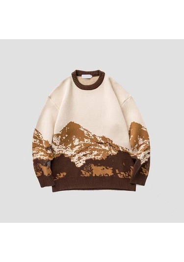 Sonbahar Ve Kış Kravat Boyalı Kar Dağ Trend Marka Yuvarlak Yaka Kazak Erkek Bol Kazak Üniversite Uzun Kollu Kazak Erkek Kahve Kahverengi