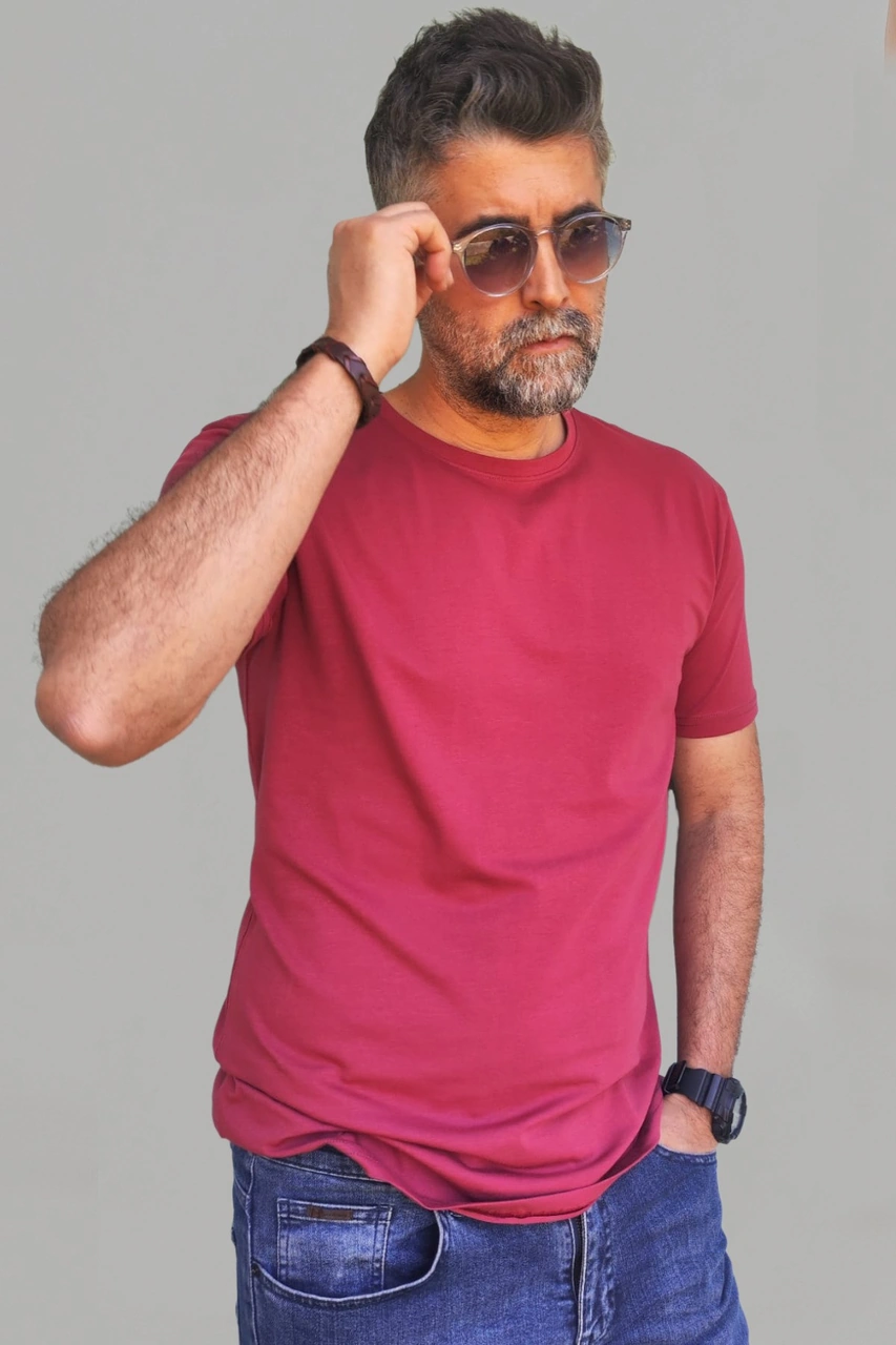 Erkek Bordo Slim Fit Bisiklet Yaka Pamuk Elastan Basic Tişört Vk-erkektişört-tekli Bordo