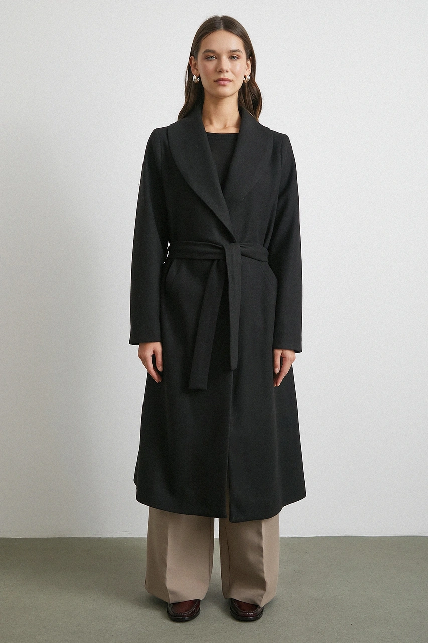 Kuşaklı Kaşe Kaban Siyah Siyah