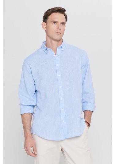 Erkek Mavı Comfort Fit Rahat Kesim Düğmeli Yaka Keten Gömlek Mavi