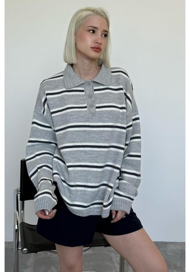 Gri Polo Yaka Çizgili Kadın Triko Kazak Mg2469 Gri