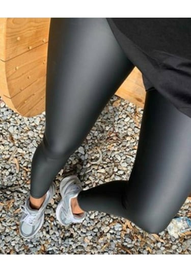 Iç Şardonlu Bir Beden Ince Gösteren Yüksek Bel Mat Deri Tayt SiYAH