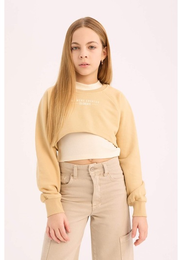 DeFacto Kız Çocuk Bisiklet Yaka Baskılı 2'li Sweatshirt D9442A825SPBG203 Bej
