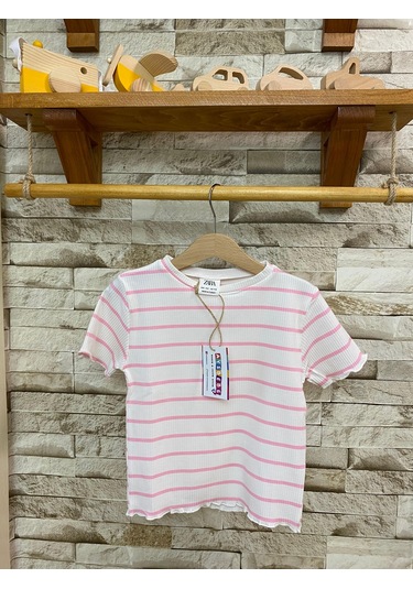 Aysbebe Çizgili Kız Tişört Pembe 1494