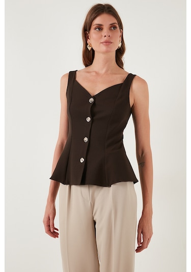 Lela Fitted Fit V Yaka Düğmeli Bayan Yelek 611Fyl145 Kahve