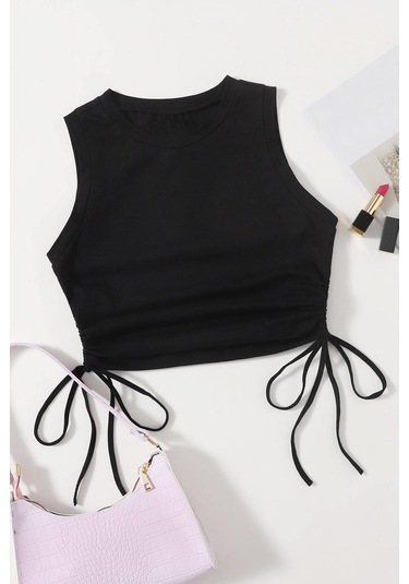 Merry See Yanları Büzgülü Kolsuz Bluz Crop Top Atlet Siyah