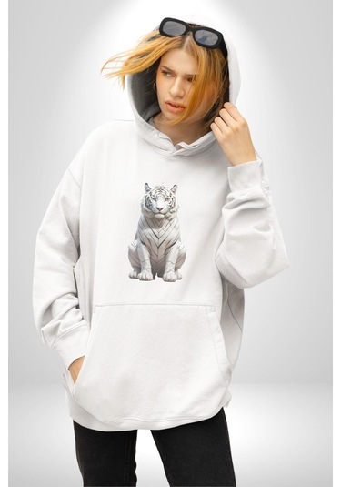 Beyaz Kaplan Kadın Erkek Beyaz Kapüşonlu Sweatshirt Hoodie Beyaz