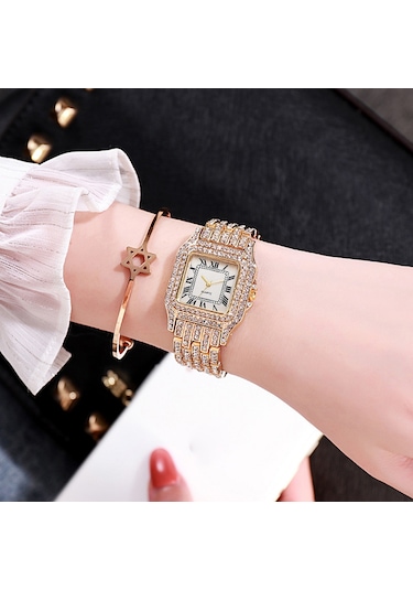 Vkemall Kadınlar İçin Roman Desenli Tam Taşlı Kare Kadran Kvartz Kol Saati - Xr4565 Modeli Gümüş Renkli Zeytinyağlı Kordonlu Elegan Saat Silver