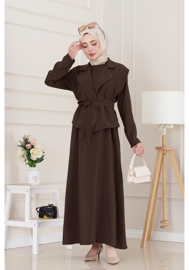 Tensel Yelekli Asel Elbise-kahverengi-5043 Kahverengi
