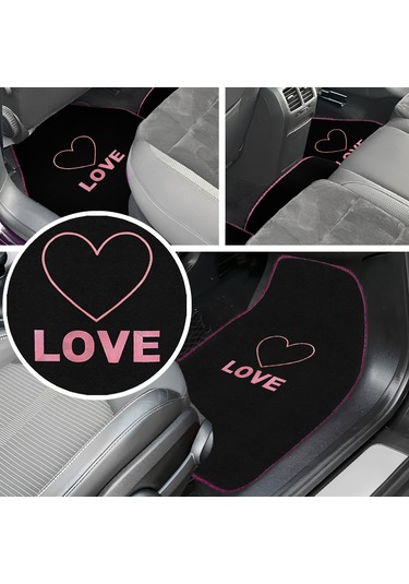 Kalp Ve Aşk Desenli Pembe Nakışlı 5'li Oto Halı Paspas Seti Love Yazı Detaylı Araba Paspas Takımı