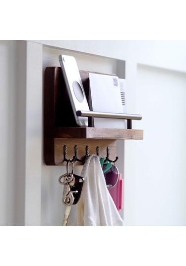 Flybuy Ahşap Anahtarlık Duvar Rafı - Çam Ağacı Kahverengi, 25x18.5x7.5cm, Endüstriyel Dekor İçin Mükemmel Giriş Siyah