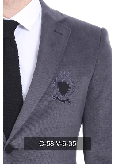 Wessi Kareli Kapaklı Cepli Arma Detaylı Kadife Füme Gri Erkek Ceket - Wessi Füme - Gri