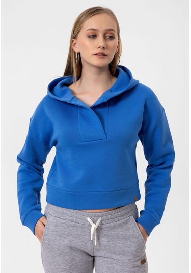 Jonas Kadın Crop Fit Kapüşonlu Sweatshirt Mavi
