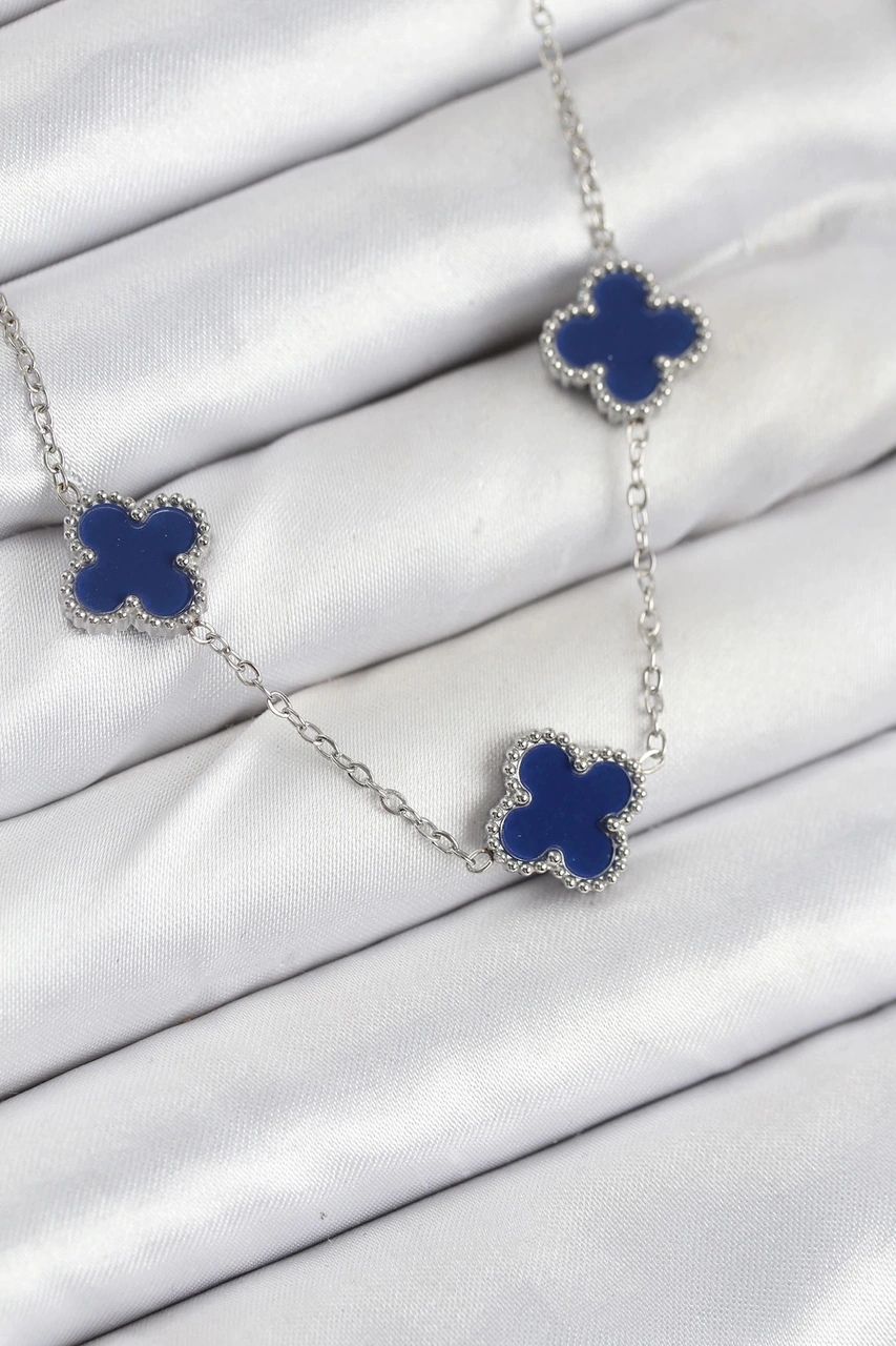 Dodes Dodes 316l Çelik Zincir Gümüş Lacivert Renk Yonca Kadın Kolye Tg27bko10587 Çok renkli