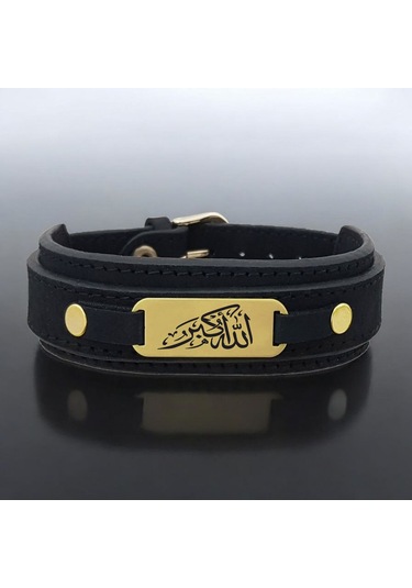 Archin Allahu Ekber Temalı Oval Motifli 14 Ayar Altın Plakalı Doğal Siyah Derili Hediye Bileklik-438sembol Allahu Ekber