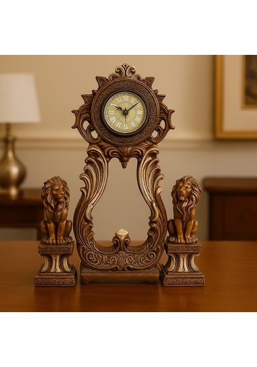 Aslan Figürlü Dekoratif Masa Saati Kraliyet Tarzı 40x28 A.kahve