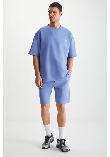 GRIMELANGE Colombıa Erkek 2'li Set Comfort Fit Rahat Kalıp Yazı Nakışlı Şardonsuz Mavi Eşofman Takımı Mavi