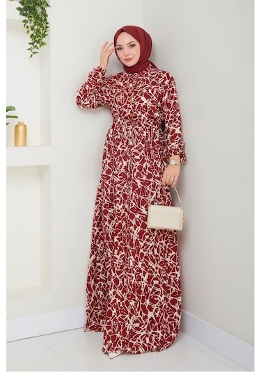 Sevil Yarım Düğmeli Dokuma Viskon Elbise 1504 - Bordo Bordo