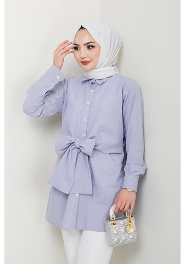 Nevayla Moda Çizgili Poplin Bağlamalı Gömlek - Lacivert / Ü103 Lacivert