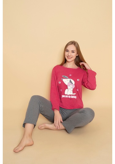 Kadın Penye Sıfır Yaka Uzun Kol Pijama Takımı Gri Kırmızı